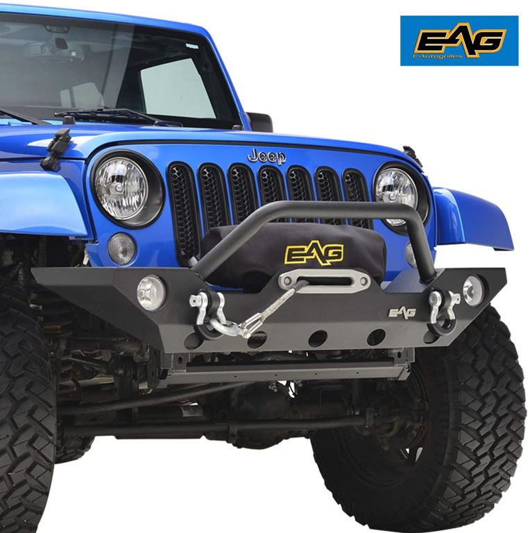 EAG Stubby Front Bumper with Winch Plate & D-Rings Black Textured Fit for 76-86 Jeep Wrangler CJ 